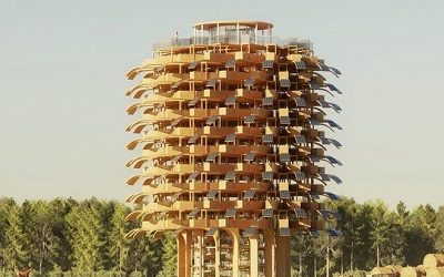 TORRE CONSTRUIDA EN MADERA SE SUSTENTA EN UNA ARQUITECTURA MODULAR Y EN SINCRONÍA CON LA NATURALEZA